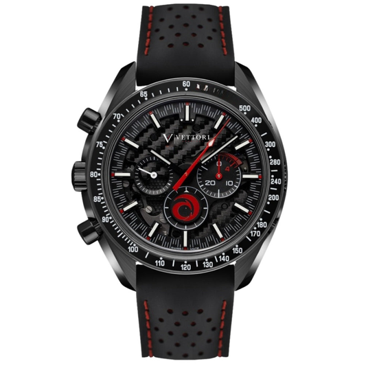 Vettori Dark Chronograph 44mm – Black Skeleton Dial with Red Accents