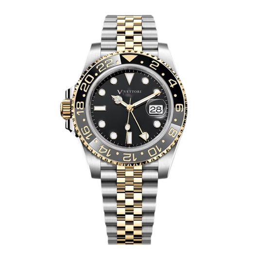 Vettori Dual Time 40mm – Black Dial | Steel & Gold Tone Jubilee Bracelet
