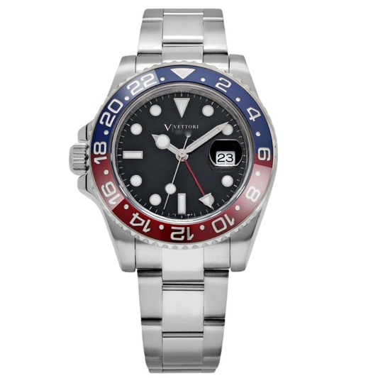 Vettori Dual Time 40mm – Black Dial | Steel Bracelet & Red-Blue Ceramic Bezel